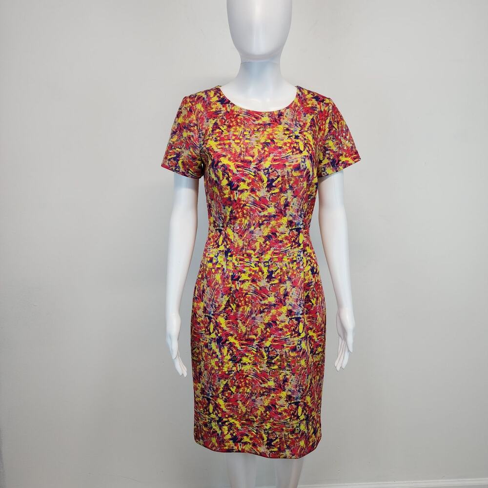 Antonio Melani Sheath Dress Size 4 Pink Yellow Abstract Laser Cut Chic Neon Rad